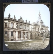 Colorised magic lantern slide of Post Office and Corn Exchange buildings, Ipswich, Suffolk,