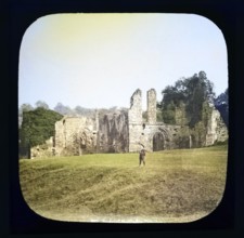 Colorised magic lantern slide by Poulton of Finchale Priory ruins, County Durham, England, UK c