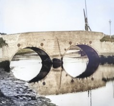 Colourised magic lantern slide of bridge crossing River Deben at Wilford Bridge, Melton, Suffolk,