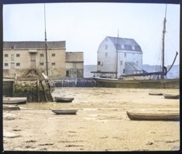 Colourised magic lantern slide of the Tide Mill and River Deben at Woodbridge, Suffolk, England, UK