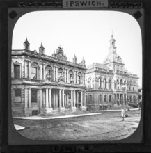 Magic lantern slide of Post Office and Corn Exchange buildings, Ipswich, Suffolk, England, UK c