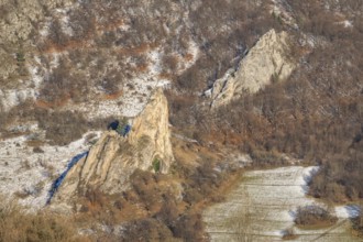 Cervenokamenské cliff (cervenokamenske bradlo), a huge rock at a mountain with bushes, trees and