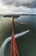 Horizontal panorama of Rain clouds over Forth Bridge from a drone, Queensferry Crossing, Forth