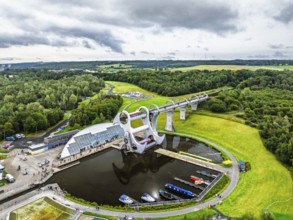 Filkirk Wheel from a drone, Forth and Clyde Canal, Falkirk, Scotland, UK
