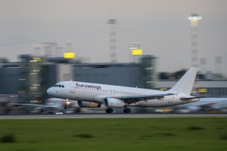 Eurowings Airbus lands at Düsseldorf Airport, North Rhine-Westphalia, Germany