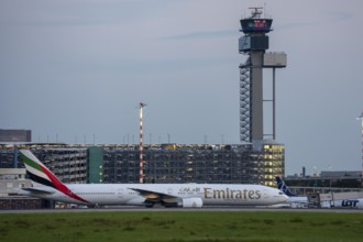 Emirates Boeing 777-300, after landing, at Düsseldorf Airport, North Rhine-Westphalia, Germany