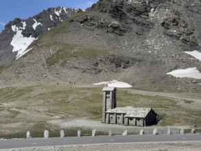 View of Christian chapel mountain chapel Chapelle Notre-Dame-de-Toute-Prudence next to pass summit