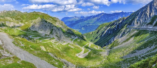 Panoramic view photo on miite left Tremola southern historic ascent from Airolo to Gotthard Pass,