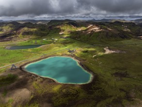 Lake, volcanic crater, volcanic landscape, mountains, cloudy, aerial view, summer, Graenavatn,