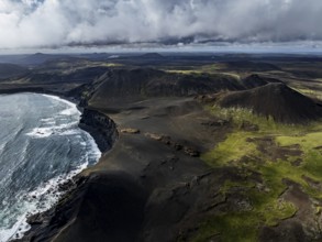 Coast, mountains, sea, volcanic landscape, cloudy, sunny, summer, aerial view, Reykjanes, Iceland