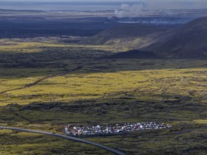 Lava, lava field, summer, cloudy, sunny, volcanic eruption, aerial view, tourists, car park, July