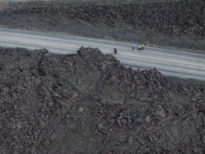 Lava, lava field, road, destroyed, summer, cloudy, sunny, aerial view, tourists, Blue Lagoon,