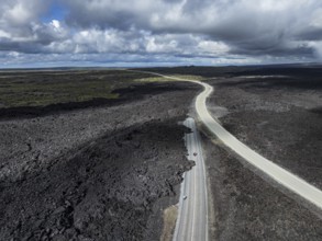 Lava, lava field, road, destroyed, summer, cloudy, sunny, aerial view, Blue Lagoon, Sundhnúkur