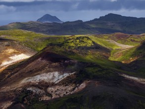 Volcanic landscape, mountains, cloudy, aerial view, summer, hot springs, Krysuvik geothermal area,
