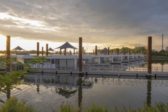 View of house messengers at Lankenauer Höft at Neustadt harbour in the evening light, Weser,
