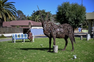Oryx sculpture by the artist Shivute in the park on 8th Street, Oranjemund, Diamond Sperrgebiet,