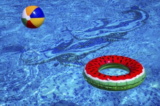 Colorful beach ball and watermelon circle, floating in the pool water, on a sunny summer day, no