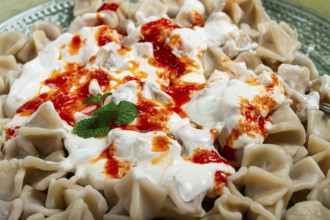 The dish features a generous serving of Turkish dumplings topped with velvety yogurt and a drizzle