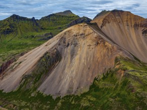 Mountains, coast, summer, aerial view, morning light, volcanic, cloudy, Faskrudsfjördur, East