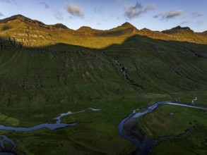 Mountains, morning light, river, river delta, river course, coast, summer, aerial view,