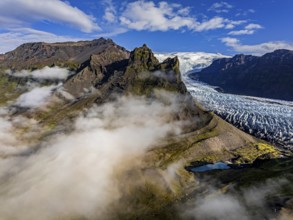 Glacier, glacier tongue, sunny, morning mood, mountains, fog, aerial view, summer, Kviarjökull,
