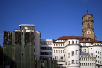 Construction site, controversial building project of René Benko's insolvent Signa company, logo,