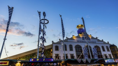 The Hofbräu marquee in the evening light, Festwiese, Theresienwiese, Oktoberfest, Munich, Upper