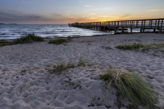 Spacious, empty beach with a pier, evening lighting, gentle sound of the sea, pier, Kobaek Strand,