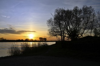 Sunrise at the ferry pier in Xanten, Lower Rhine, North Rhine-Westphalia, Germany