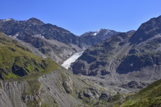 The Gepatschferner in the Kaunertal in the Ötztal Alps in Tyrol, in the background the