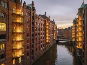 Hamburg warehouse district with evening lighting, Hamburg, Germany