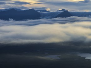Fog, clouds, morning mood, mountains, aerial view, summer, Höfn, Iceland