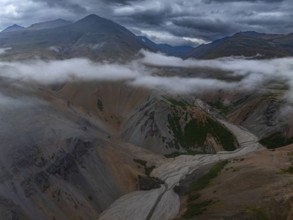 River, river course, river delta, mountains, clouds, canyon, gorge, summer, aerial view, Hvannagil,