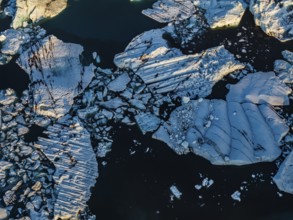 Ice floes, morning mood, reflection, aerial view, summer, glacier lagoon, Jökulsarlon, Vatnajökull,