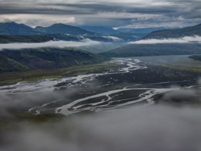 River, river course, river delta, mountains, clouds, summer, aerial view, Hvannagil, south-east