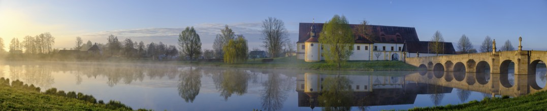Morning atmosphere, fog at Fischhof, with historic Fischhof bridge, Tirschenreuth, Upper