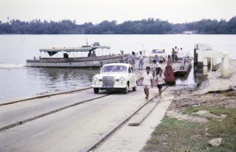 Car ferry river crossing East coast, Malaya, Malaysia, south east Asia 1964 - view looking north,
