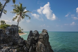 Rocks and coconut palms, Coconut Palm Beach, Sala Dan, Ko Lanta, Koh Lanta, Krabi Province,