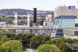 SWEG regional train travelling on the Schusterbahn, Münster viaduct over the Neckar with EnBW