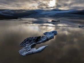 Icebergs, ice floes, glacial lake, glacier, summer, evening mood, aerial view, Fjallsjökull,