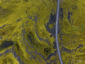 Road, curvy, car, cloudy, rainy, summer, aerial view, South Iceland, Iceland
