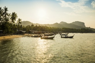 Fishing huts on the beach, sunset, Koh Mook, Trang province, southern Thailand, Andaman Sea,