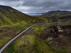 Road, mountains, lake, clouds, mountain road, curves, aerial view, summer, Reykjanes Peninsula,
