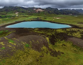 Lake, crater lake, mountains, cloudy, turquoise, volcanic landscape, hot springs, aerial view,