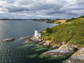 St Anthony Lighthouse from drone, Roseland peninsula, Head circular walk, Cornwall, UK