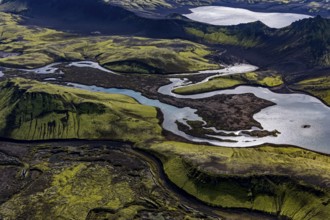Lakes, river, mountains, mountain landscape, aerial view, sunny, summer, backlight, Langisjör,