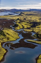 Lakes, river, mountains, mountain landscape, aerial view, sunny, summer, Langisjör, behind