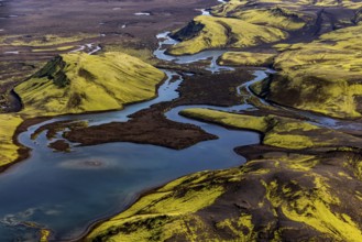 Lakes, river, mountains, mountain landscape, aerial view, sunny, summer, Langisjör, Icelandic