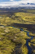 River, mountains, glacier, aerial view, sunny, summer, Icelandic Highlands, Vatnajökull, Iceland