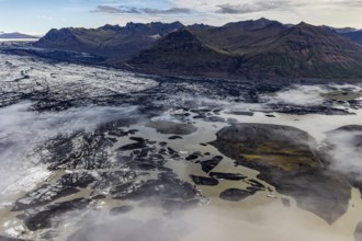 Icebergs, ice floes, glacier tongue, glacier edge, glacier, lake, glacier lagoon, aerial view,